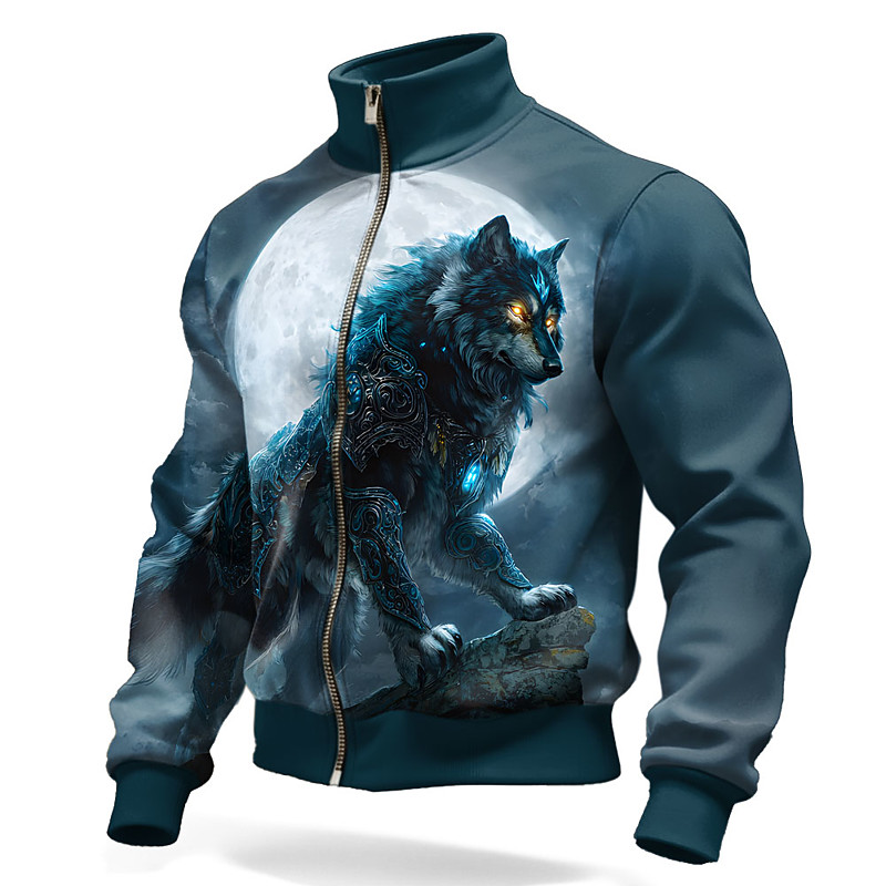 Men's Animal Wolf Jacket Sweatshirt Fashion Daily Tactical Hunting Stand Collar Outdoor Streetwear Party Blue Brown Brown 2 Zip Up Spring Fall Designer S M L XL XXL XXXL