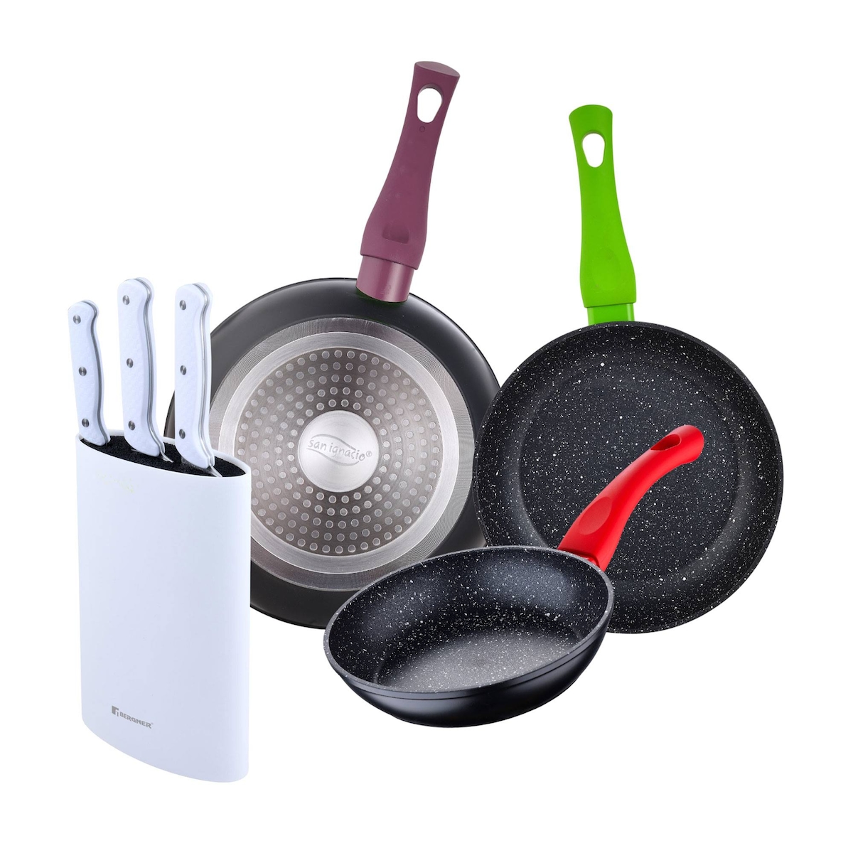 BERGNER - Set aus 3 Pfannen Ø18/Ø22/Ø26 cm Jolie Schmiedaluminium, geeignet für Induktion 3-teiliges Messer-Set mit Messerblock aus Edelstahl Image