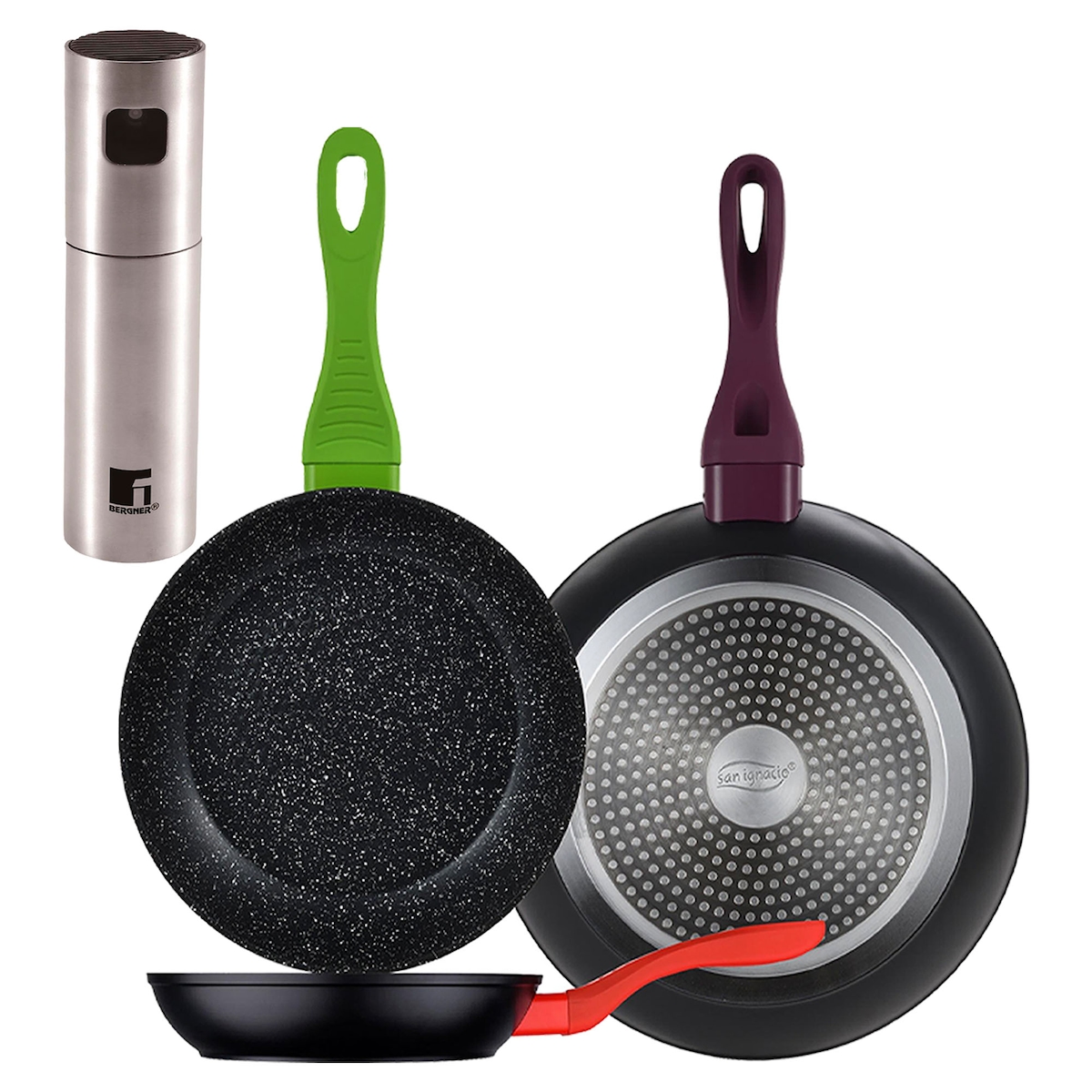 BERGNER - Set aus 3 Jolie-Pfannen Ø20/Ø24/Ø28 cm in Schwarz Öl-/Essigsprüher Ø4x17,5 cm aus Edelstahl Image