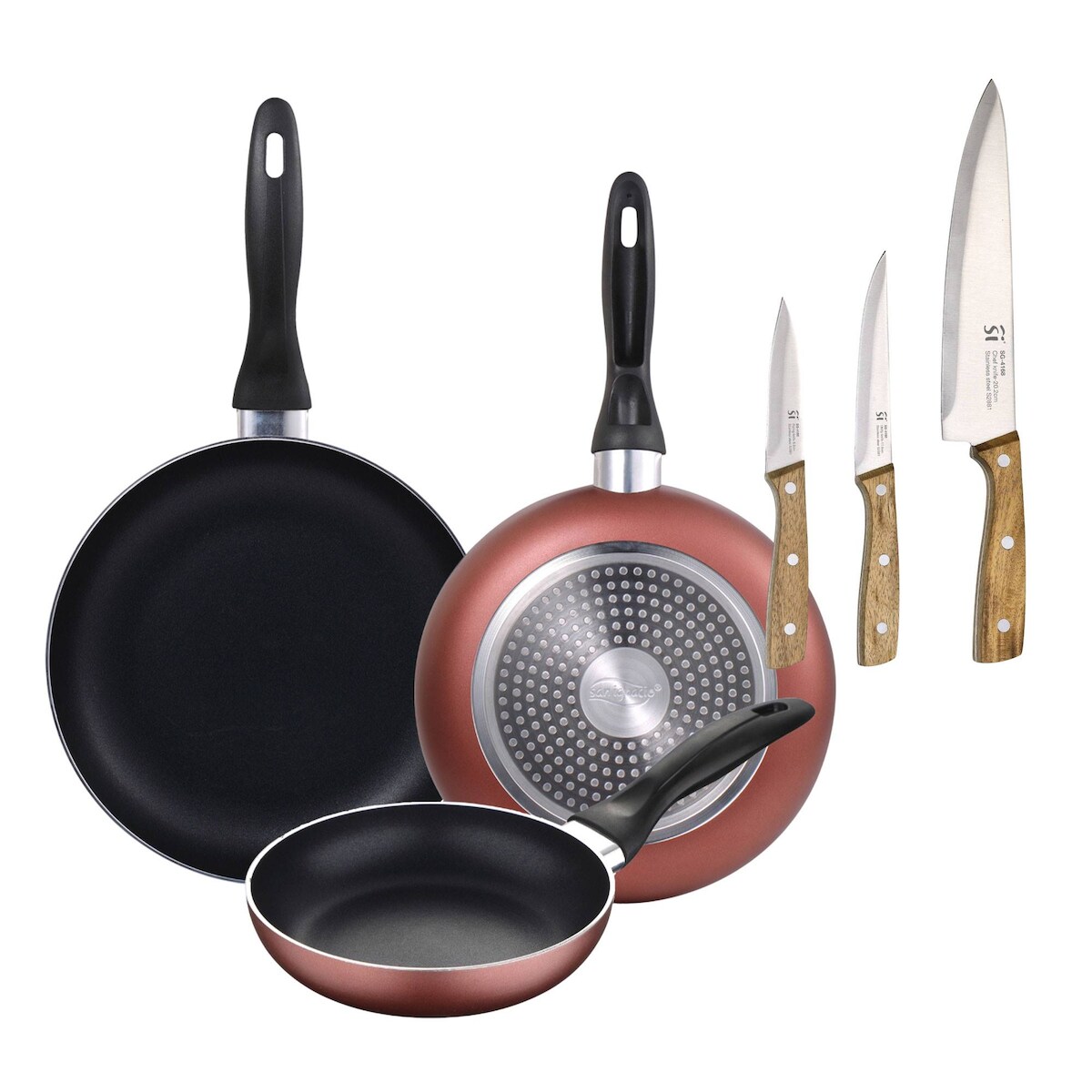 BERGNER - Set aus 3 Pfannen 16/20/24 cm Induktion gepresstes Aluminium Paradise Set 3 Edelstahlmesser Image