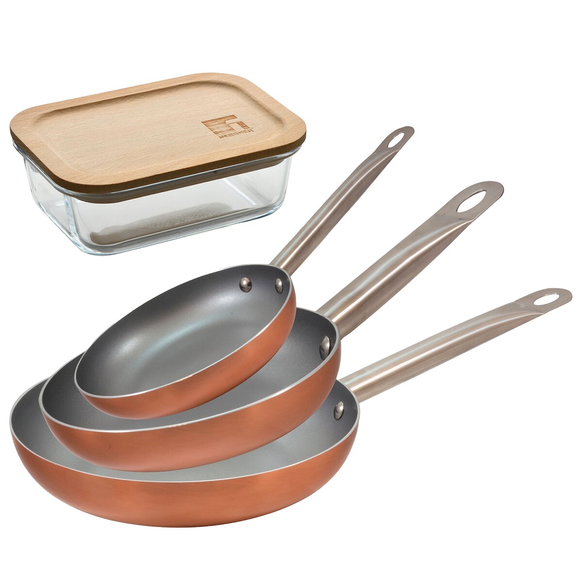 BERGNER - Set aus 3 gepressten Aluminium-Pfannen Ø18/Ø22/Ø26 cm, geeignet für Induktion Optimum Plus Vorratsglas 650 ml aus Borosilikatglas NATURALLY Image