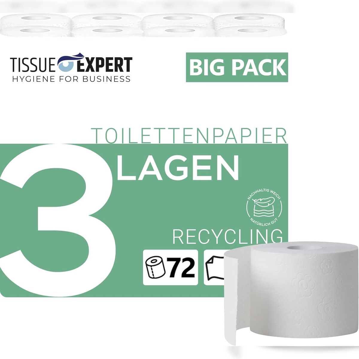 Tissue Expert Toilettenpapier, 3-lagig, 72 Rollen x 250 Blatt, 100% Recycling, superweiches Klopapier, Großpackung für Gewerbe, Verpackung aus 60% PCR-Anteil Image