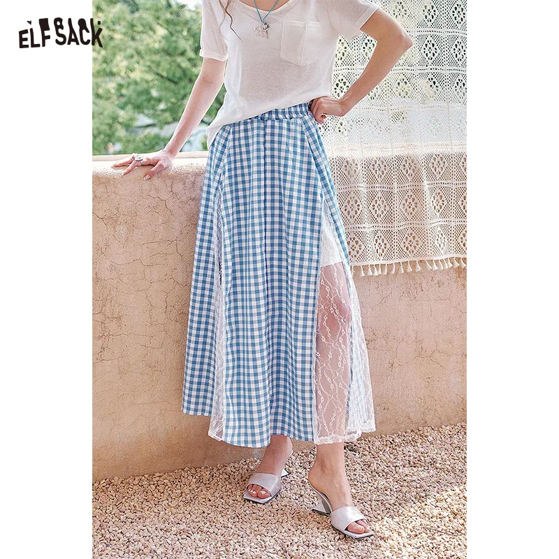 "ELFSACK 2025 Sommer Neuheiten Spitze Patchwork Plaid Hohe Taille Chic Rock Für Frauen " Image