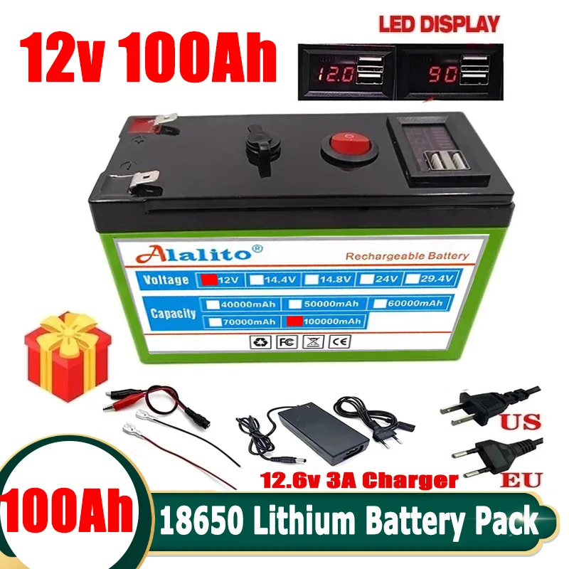 12 V Akku 100 Ah 18650 Lithium-Akku, wiederaufladbarer Akku für Solarenergie, Elektrofahrzeug-Akku + 12,6 V 3 A Ladegerät Image