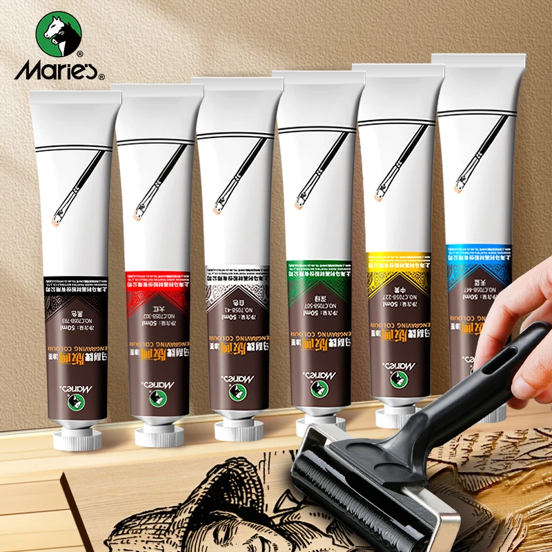 6 Farben Marie's Blockdruck-Tintenset, auf Ölbasis, Rich Vivid für Holzschnitt, Gummiplatte, perfekt für Bastler, Künstler, 50 ml/1,76 Unzen Image