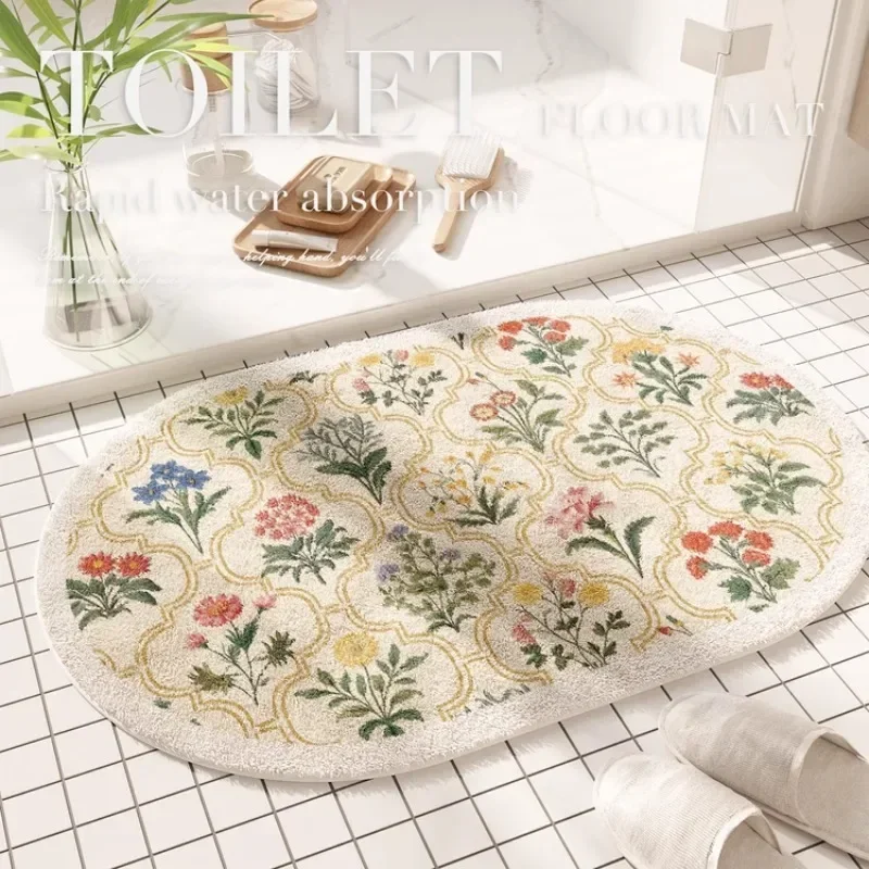 Tapis de sol absorbant floral américain frais, porte de salle de bain, tapis de salle de bain, tapis antidérapant, tapis de sol de porte de salle de bain