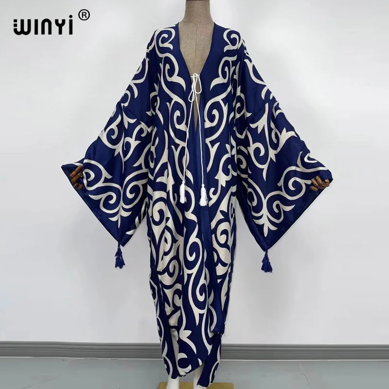WINYI Urlaub Kimon Naher Osten Frauen Strickjacke Stich Robe Cocktail sexy Kleid Boho Maxi afrikanische Urlaub Langarm Kaftan Image