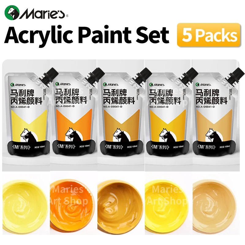 5-teiliges Marie-Acrylfarben-Set in gelben Farben, 100 ml/3,38 Unzen, lebendiges Zeichenpigment-Set für Modelle, Malerei, Eier für Künstler Image
