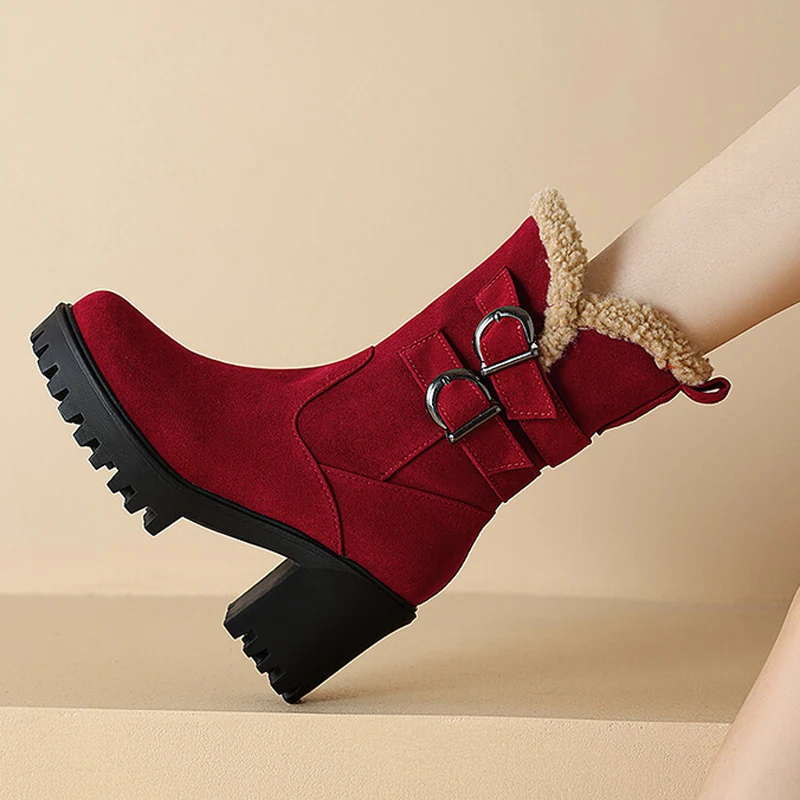 Neue Winter Frauen Stiefel Plattform Boot Frauen Schuhe Dicken Absätzen Weibliche Stiefeletten Mit Schnalle Schwarz Wildleder Plus Größe 35-42 WSH5209