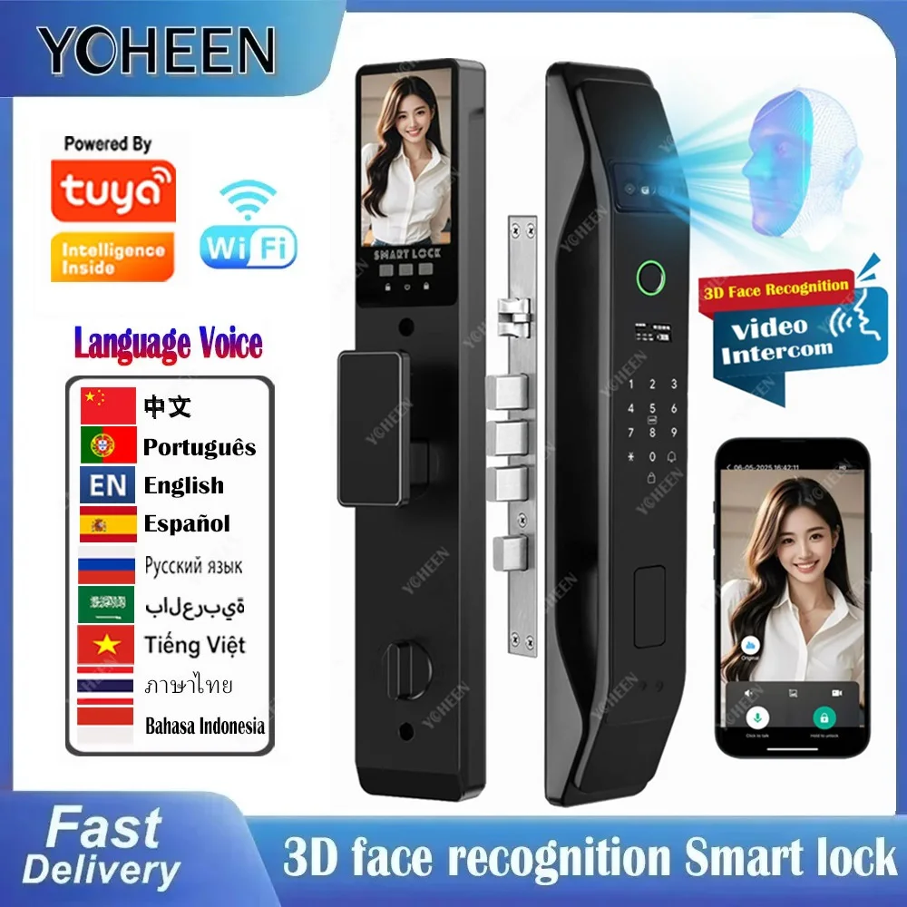 Tuya Wifi App Gesicht Polyglot Elektronisches Türschloss Fingerabdruckerkennung Passwort Intelligentes digitales Schloss Schlüsselkarte 6068, Einsteckschloss Image