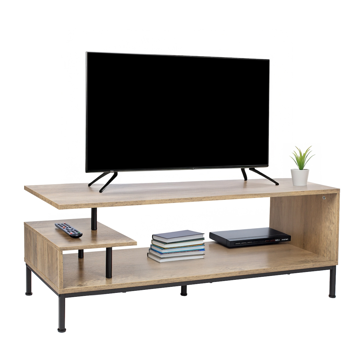 Relaxdays TV-Lowboard, 3 Ablagen, offenes TV-Regal bis 55 Zoll, HBT: 40 x 106 x 39,5 cm, Fernsehtisch, natur/schwarz