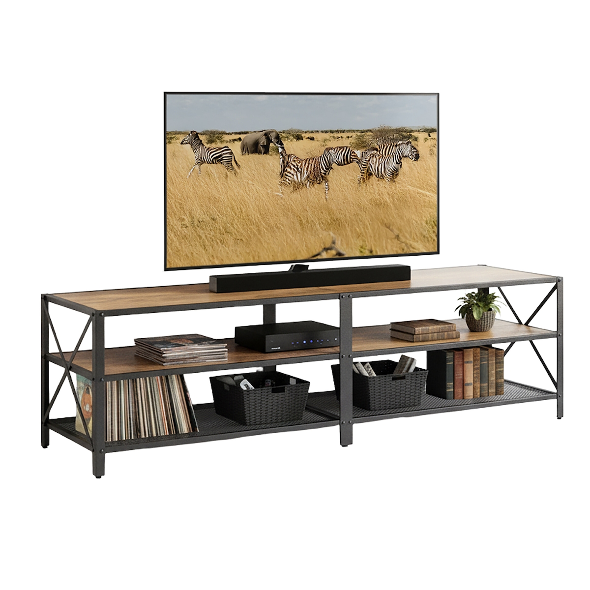 Relaxdays TV-Lowboard, 4 Fächer, offenes TV-Regal bis 75 Zoll, Fernsehtisch, HxBxT: 52 x 180 x 39 cm, braun/schwarz