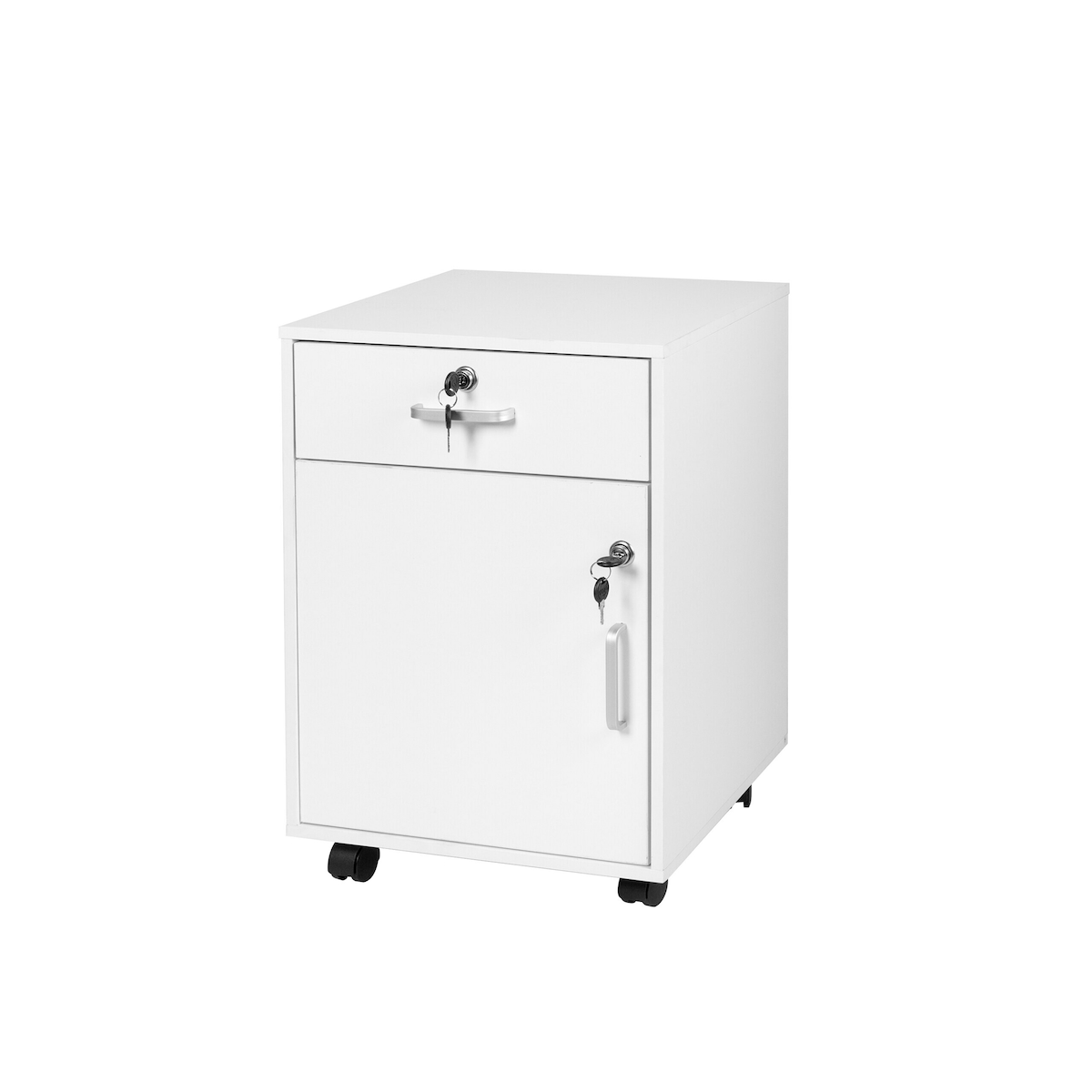 Relaxdays Rollcontainer, Schublade & Türfach, HxBxT: 57 x 40 x 40 cm, abschließbar, Aktenschrank auf Rollen, weiß Image