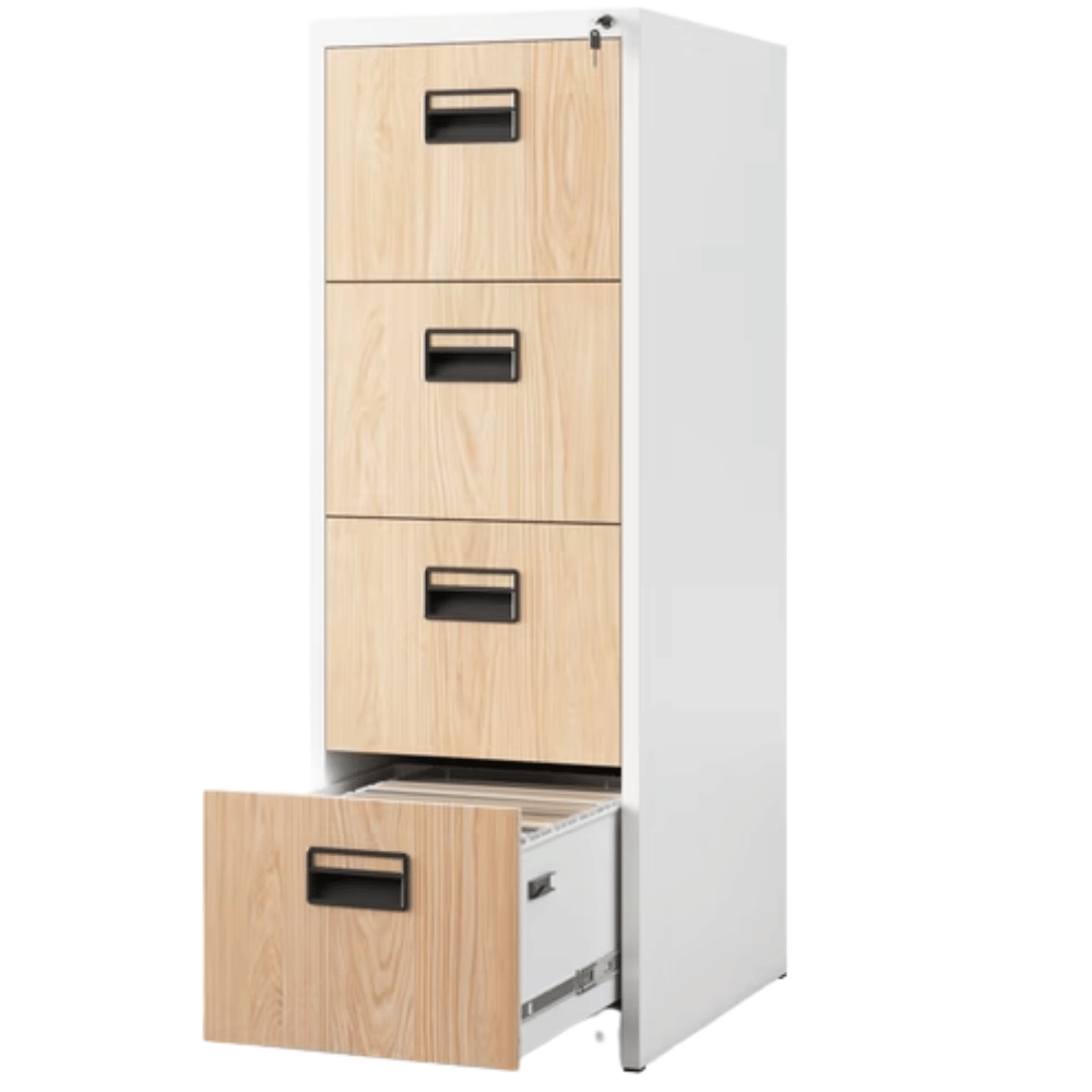 DELUKE Hängeregisterschrank abschließbar TION - 4 Schubladen mit Schloss | Aktenschrank Büroschrank aus Stahl Metallschrank, 132x46x62cm Weiß-Sonoma Eiche Image