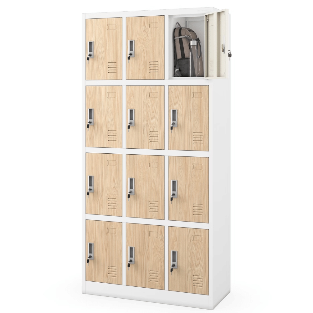 DELUKE Schließfachschrank Spind BERN - 12 Fächer, Etikettenhalter | Wertfachschrank Umkleideschrank Metall Kleiderspind, 185x90x40cm Weiß-Sonoma Eiche Image