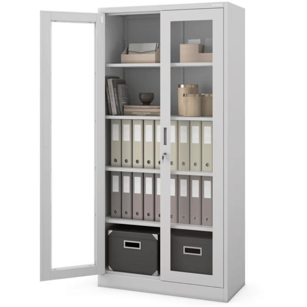 DELUKE Vitrinenschrank abschließbar ELLO - Glastüren, 5 Ebenen | Büroschrank aus Stahl Aktenschrank mit Glasfenster Metallschrank, 185x90x40cm Grau Image