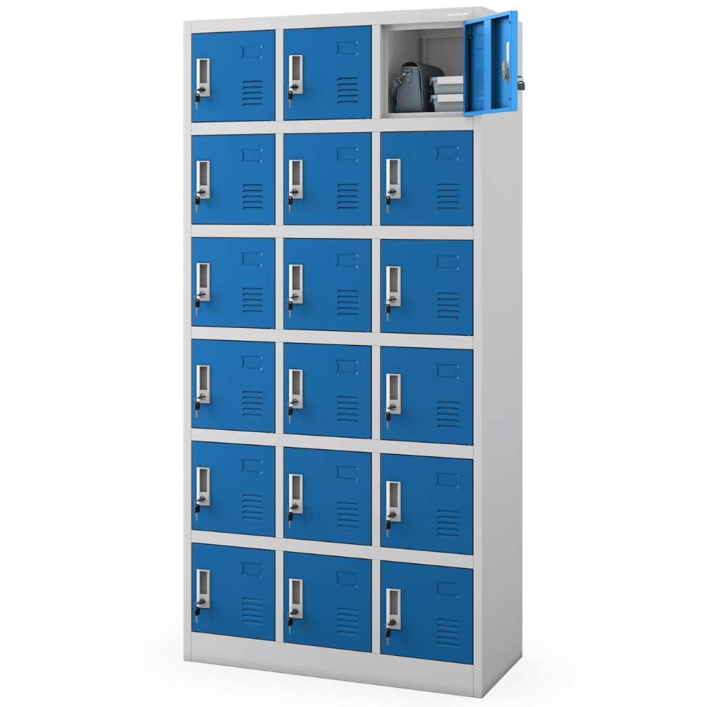 DELUKE Schließfachschrank Spind BERN - 18 Fächer, Etikettenhalter | Wertfachschrank Umkleideschrank Metall Kleiderspind, 185x90x40cm Grau-Blau Image