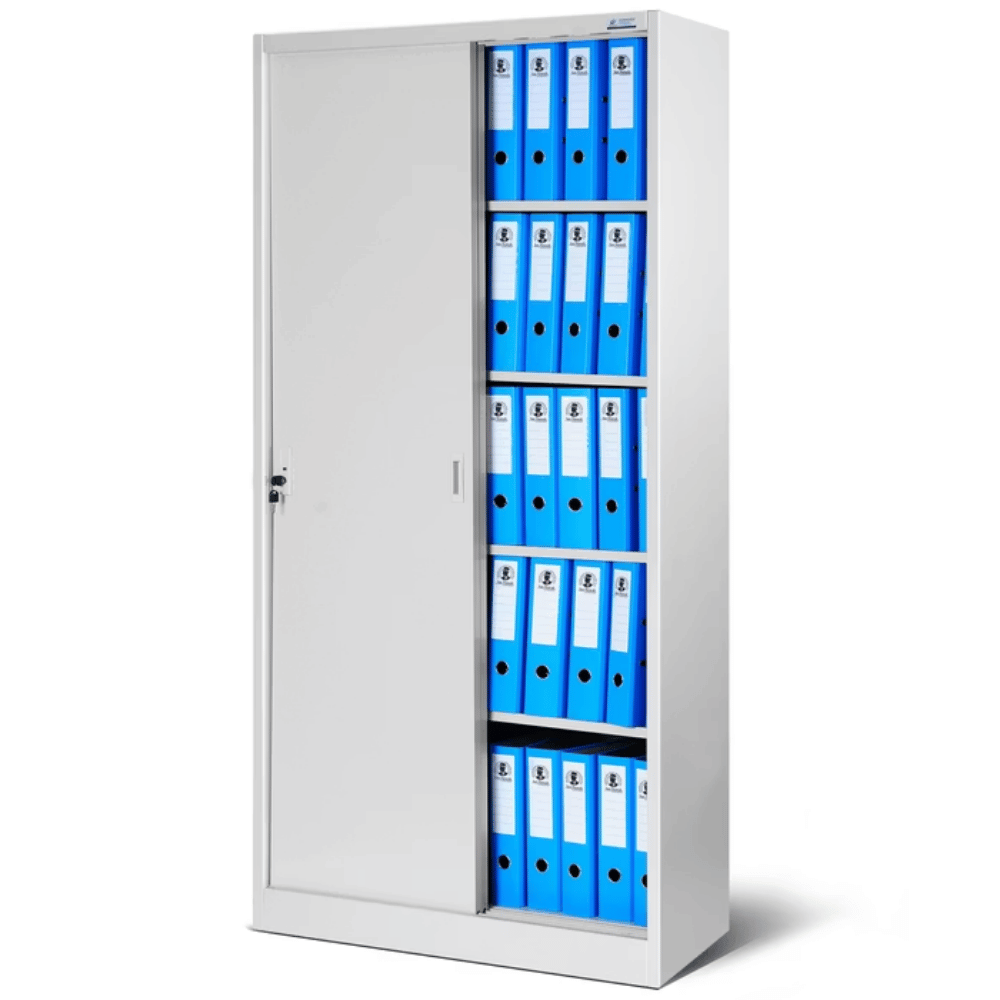 DELUKE Aktenschrank abschließbar ROLF - Schiebetüren, 5 Ebenen | Büroschrank aus Stahl Metallschrank Werkstatt Werkzeugschrank, 185x90x40cm Grau Image