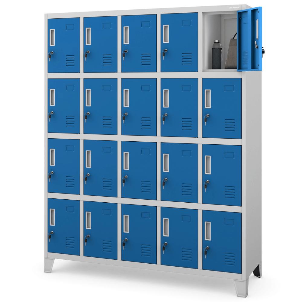 DELUKE Schließfachschrank Spind TAMPA - 20 Fächer, Etikettenhalter | Wertfachschrank Umkleideschrank Metall Kleiderspind, 172x136x45cm Grau-Blau Image