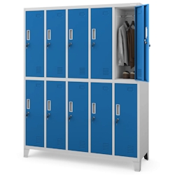 DELUKE Umkleideschrank Spind BERLIN - 10 Abteile, Etikettenhalter Lüftungsschlitze | Umkleidespind Schließfachschrank Garderobenspind, 172x136x45cm Grau-Blau Image