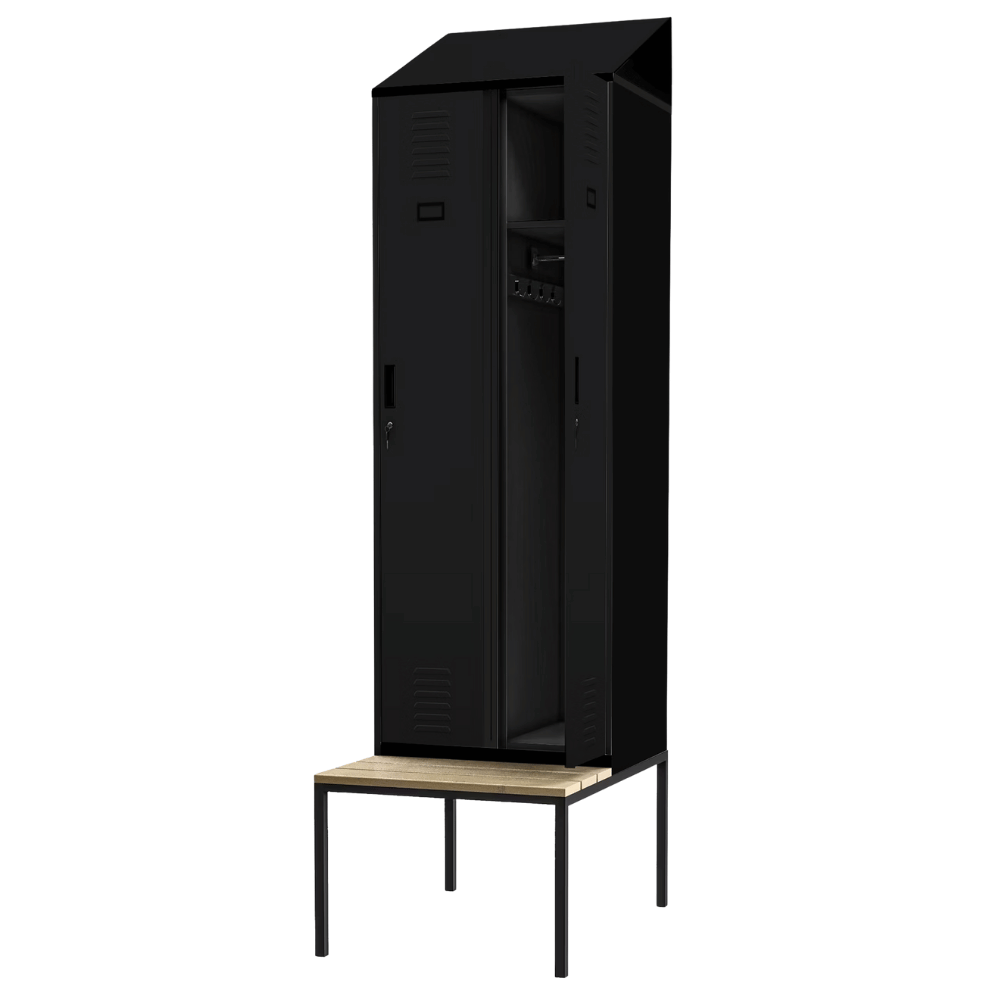 DELUKE Umkleideschrank Spind mit Sitzbank BARCA - 2 Abteile, Etikettenhalter | Umkleidespind Metall Schließfachschrank Kleiderspind, 229,5x60x85cm Schwarz Image