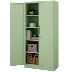 DELUKE Aktenschrank abschließbar KADO - 5 Ebenen, Flügeltüren | Metallschrank Werkstatt Büroschrank aus Stahl Werkzeugschrank, 195x90x40cm Pastellgrün Image