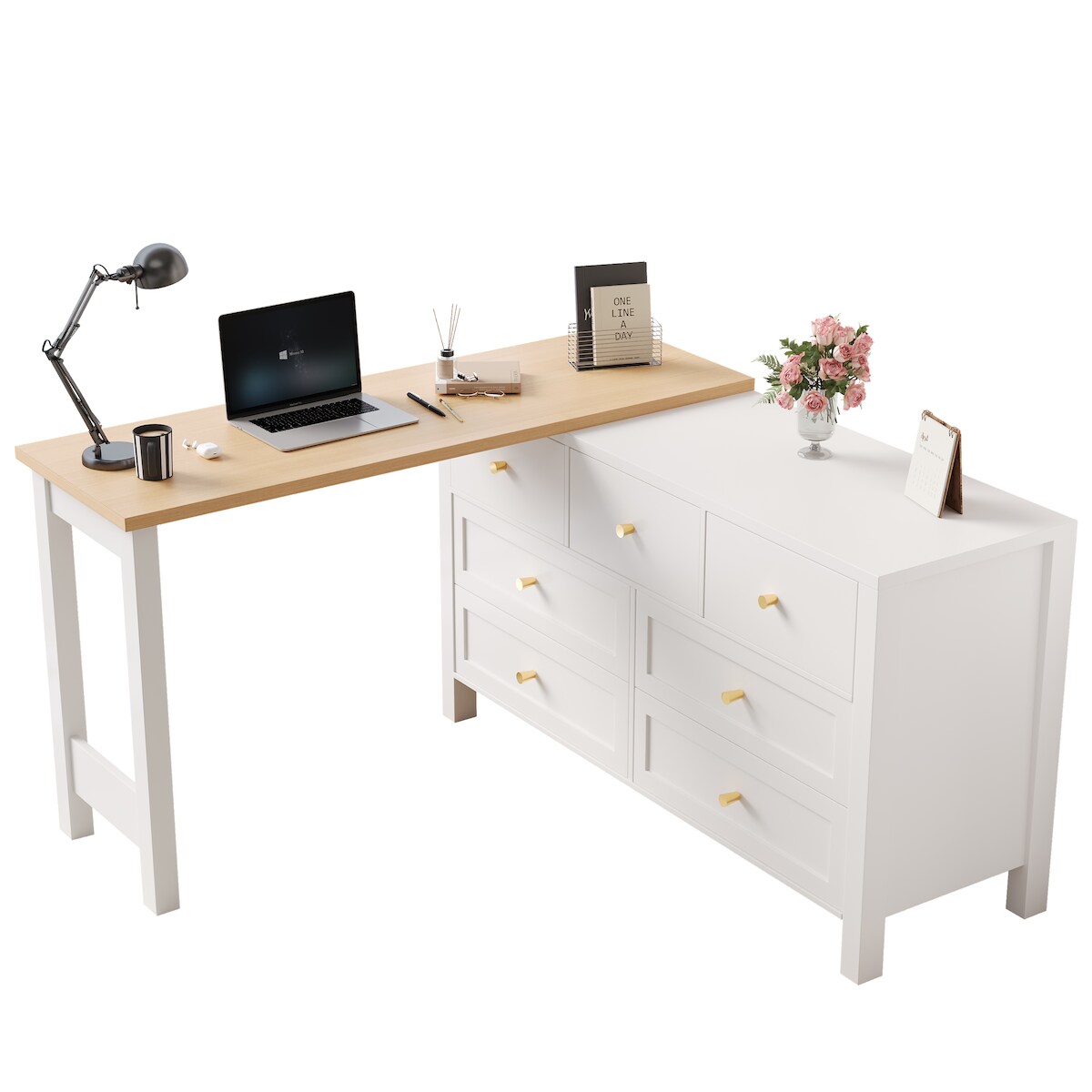 OKWISH Schreibtisch mit 7 Schubladen 120x40x70 2-in-1 Drehwerkbank und Sideboard, Eichenoptik Weiß und Natur, Flexibel für Büro oder Wohnbereich Image