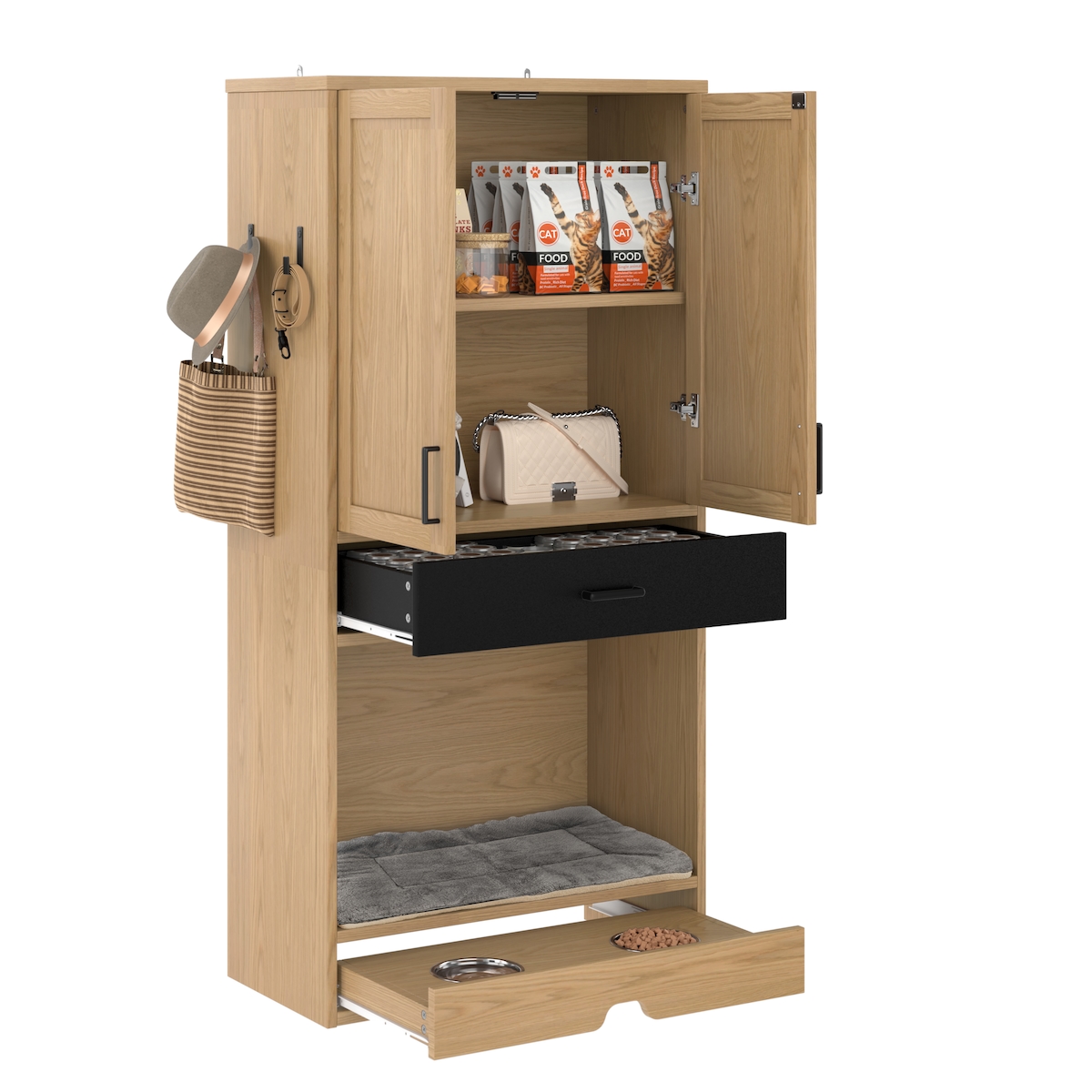 OKWISH Multifunktionaler Tierschrank 79x40x160 mit Hundebett, Edelstahlnäpfen und Haken, Eichenoptik, Stauraum für Haustierzubehör Image