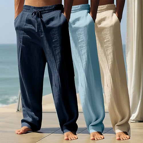 Herren Leinenhosen Hose Sommerhose Baggy-Hosen Strandhose Kordelzug Elastischer Bund Mehrfachpackung Einfarbig Komfort Atmungsaktiv Volle Länge Täglich Strand Ferien Urlaub Klassicher Stil Wei Image