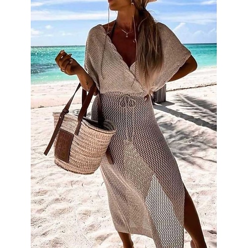 Damen Cover Up Badeanzug Kleid Ausgeschnitten Gestrickt Ferien Strandbekleidung Einfarbig V-Ausschnitt Kurze Ärmel Badeanzüge Image