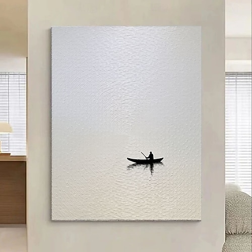 Minimalistisches Poster mit Ruderbootmotiv aus Naturfarben, rustikale Küstenlandschaft, Strandhaus-Wanddeko, Einzugsgeschenk, nautische Boho-Kunst Image