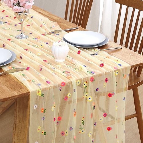 Bestickter Tischläufer mit Gänseblümchenmuster, Spitzentischdecke aus transparentem Stoff, dekorative Stickerei mit kleinem Blumenmuster für den Esstisch, elegante Tischdekoration für Zuhause Image