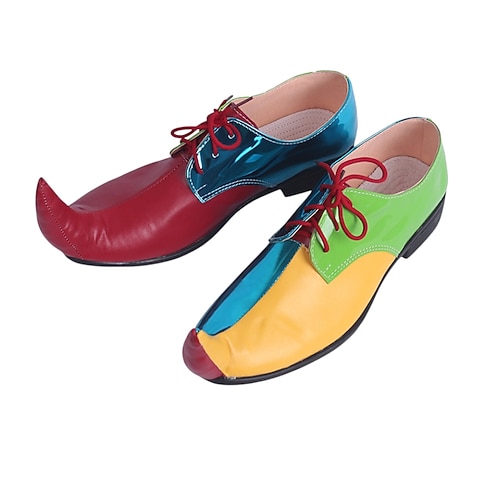 Herren Mardi Gras Bunte Clown Schuhe mit Mehrfarben-Panels und roten Schnürsenkeln Lustiger verspielt Stil für Karneval und Clown Kostüme Image
