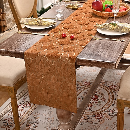 Tischläufer aus Jacquardstoff mit St. Patrick's Day-Motiv, goldenes Herbstlaubmuster, grün mit goldener Umrandung, rechteckige Tischdecke für den Essbereich Hoteldekoration. Image