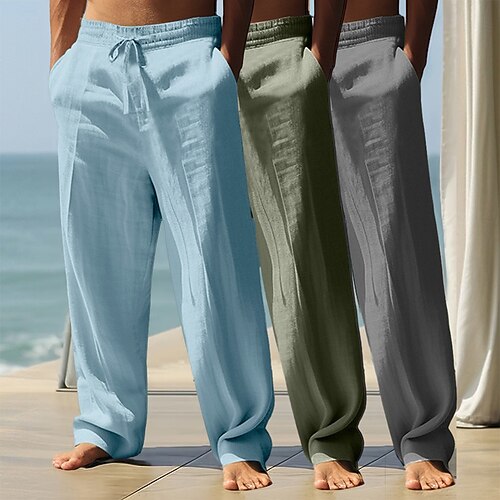 Herren Leinenhosen Hose Sommerhose Baggy-Hosen Strandhose Kordelzug Elastischer Bund Mehrfachpackung Einfarbig Komfort Atmungsaktiv Volle Länge Täglich Strand Ferien Urlaub Klassicher Stil Wei Image