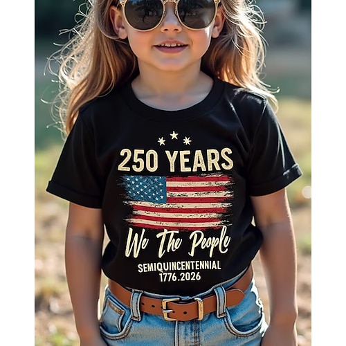 100% Baumwolle Kinder Mädchen Schwarz Weiß Grafik USA Flagge 250-jähriges Jubiläum Amerikanische US-Flagge für Kinder T-Shirt Rundhalsausschnitt Kurzarm Urlaub Sport Outdoor Alltagskleidung Urlaub Image