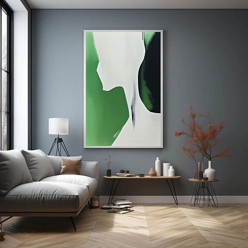 Handgemaltes Ölgemälde, modernes abstraktes grünes Leinwandbild, minimalistische geometrische Wanddekoration, handgefertigtes Ölgemälde auf Leinwand, moderne grüne, schwarze und weiße Wandkunst Image