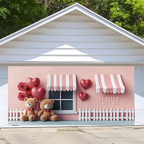 7×16 Fuß großes Garagentorbanner – romantischer rosa Teddybär mit herzförmigem Geschenk und Luftballons, Valentinstag, Garagentorabdeckung, Hochzeitsfeier, Hausfassadendekoration, saisonale Außendekoration Image