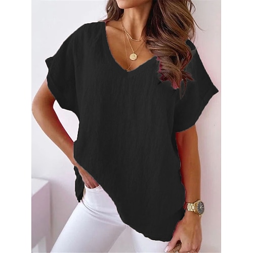 Damen Baumwoll-Leinen-Hemden Einfarbig Einfach Elegant Bohemien Vintage Kurzarm V Ausschnitt Normale Oberteile Täglich Blau Schwarz Weiß Rosa Kaki Sommer Frühling Herbst Winter Image