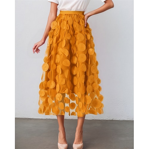 Damen Asiatische Größe Elegant Mode Midi Hohe Taille Röcke Einfarbig Blume Blumen Tüll Mikroelastisch Familientreffen Alltagstauglich Aprikose Weinrot Schwarz Weiß Frühling, Herbst, Winter, Sommer Image
