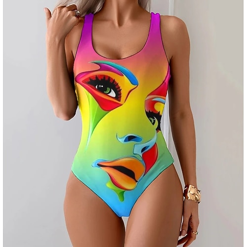 Damen Einteiler Badeanzug Figurbetonend Monokini Briefs Bauchkontrolle Hohe Taille Schlank Rückenfrei Urlaub Vintage Ombre Grafik U-Ausschnitt Ärmellos Badeanzüge Image
