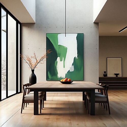 Handgemaltes Ölgemälde, modernes abstraktes grünes Leinwandbild, minimalistische geometrische Wanddekoration, handgefertigtes Ölgemälde auf Leinwand, moderne grüne, schwarze und weiße Wandkunst Image