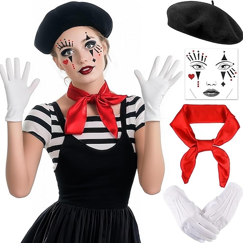 Karnevalskostüm 2026 Pantomimenkünstler Pantomime-Clown Karneval Ausgefallene Kostüme Barett Zirkus Gestreift Erwachsene Herren Damen Unisex Halloween Karneval Party Leistung Einfaches Karnevalskostüm Image