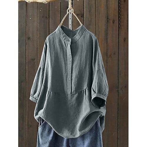 Women's Baumwoll-Leinen Bluse Knöpfe Einfarbig Stylisch Casual Langarm Hoher Kragen Reguläre Tops Täglich Blau Schwarz Weiß Rot Grau Frühling Image