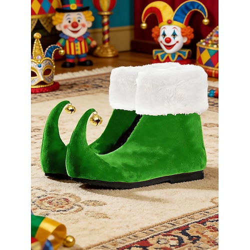 Damen Mardi Gras Grüne Samt-Elfen-Stiefel mit aufrollender Zehe und Glöckchen Neuheit Pelzumschlag Schuhe für Karnevalspartys Cosplay Feiertagskostüme Image
