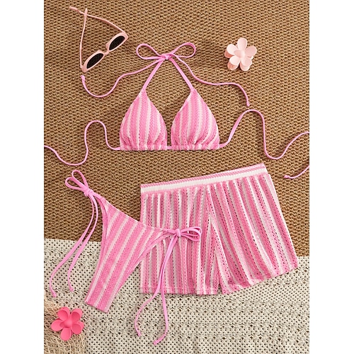 Damen Bikini 2-teiliges Badeanzug Thong Slim Rückenfrei Urlaub Strandbekleidung Gestreifter Halter Neck Ärmellose Bademode Image