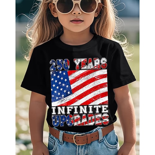 100% Baumwolle Kinder Mädchen Schwarz Grafik USA Flagge 250-jähriges Jubiläum T-Shirt Rundhalsausschnitt Kurzarm Urlaub Sport Outdoor Alltagskleidung Aktiv Urlaub Lässig Drucken Sommer Image