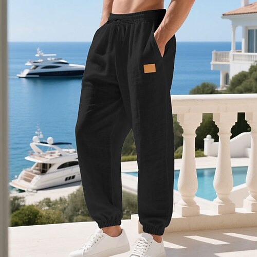Herren Leinenhosen Hose Sommerhose Strandhose Kordelzug Elastischer Bund Einfach Komfort Atmungsaktiv Täglich Outdoor Strand Urlaub Mode Schwarz Weiß Image