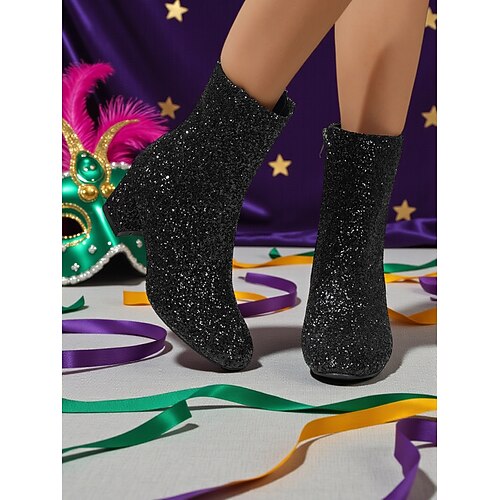 Frauen Mardi Gras Rosa Glitzer Kniehohe Stiefel mit Blockabsätzen – Funkelnde gewagte Modeaussage perfekt für Karneval Festivals und Kostümpartys Image