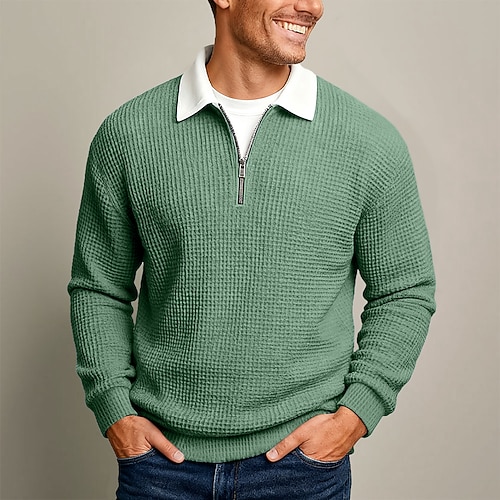 Herren Waffel-Poloshirts Textur Lässig Straße Umlegekragen Langarm Mode Freizeit Farbblock Reißverschluss Patchwork Herbst Frühling Herbst Ganzjahres Normale Passform Blau Purpur Armeegrün Grau Image